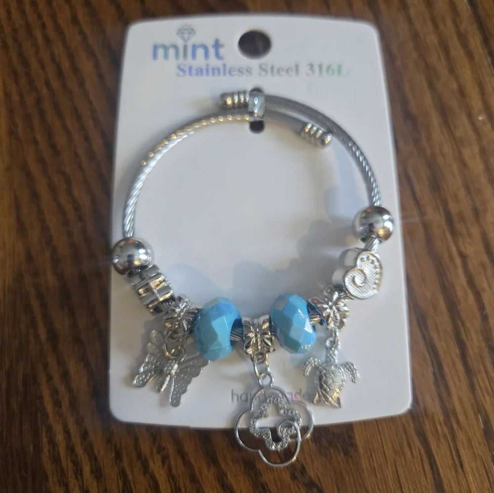 Mint Silver Bracelet with Blue Charms